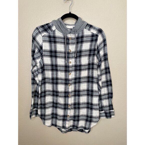 SO Womens Black Plaid Button-Up Hoodie Shirt Small 100% cotton‎ long sleeve - Picture 2 of 7